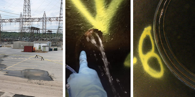 Three images, a puddle on the ground near a power plant, a gloved hand pointing out a leak, HydraTite installed over a joint to protect against infiltration