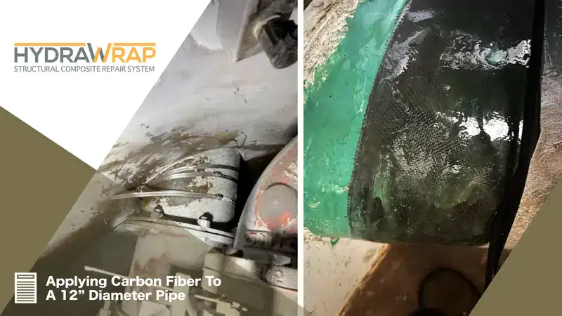 Two images, before and after HydraWrap is applied to a compromised pipe, 'Applying Carbon Fiber To A 12" Diameter Pipe'