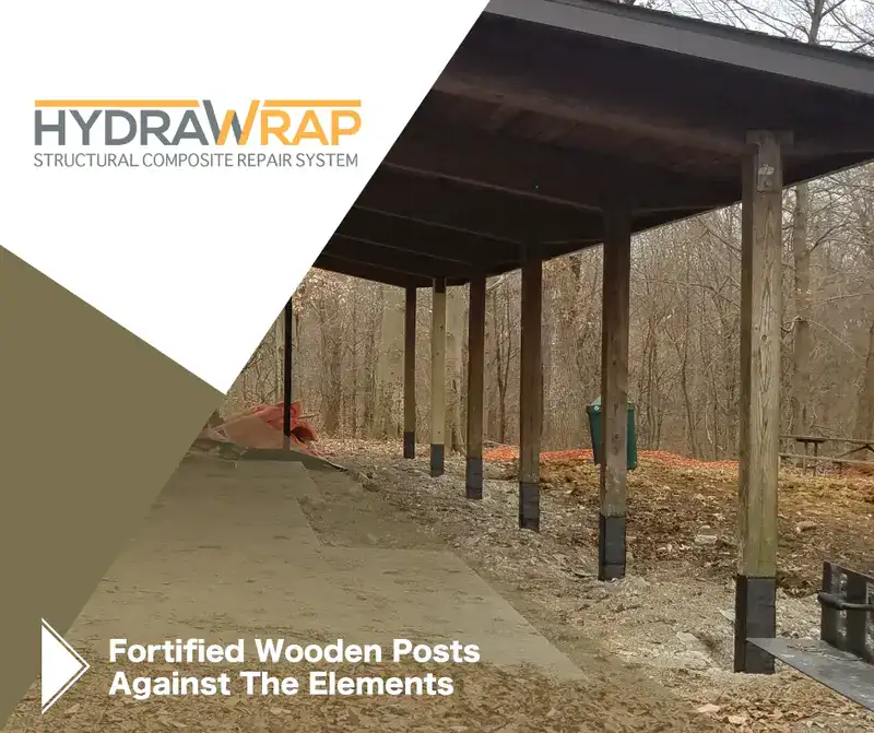A pavilion repaired with HydraWrap, "Fortified Wooden Posts Against The Elements"
