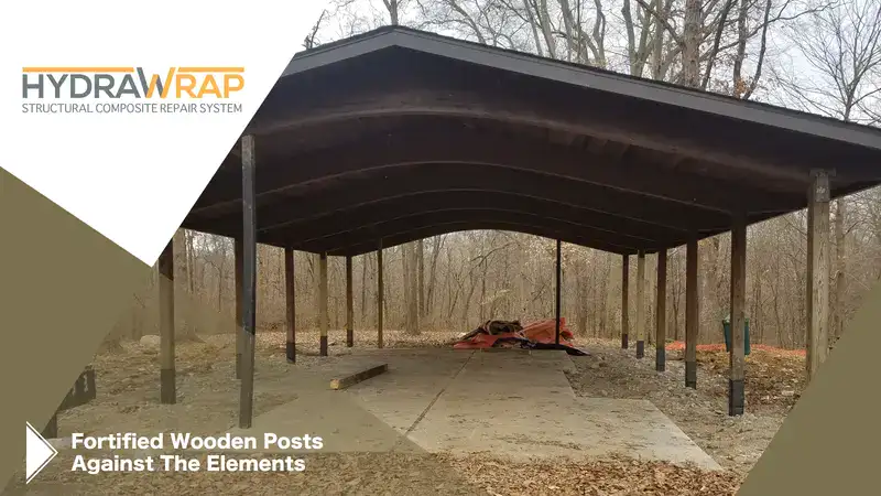A pavilion repaired with HydraWrap, "Fortified Wooden Posts Against The Elements"