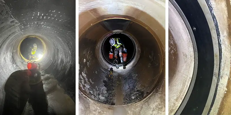 Installation-Compilation Four images of HydraTite installed in a round pipe
