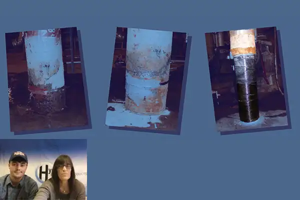 Two people on webcam in front of multiple images of a HydraWrap project