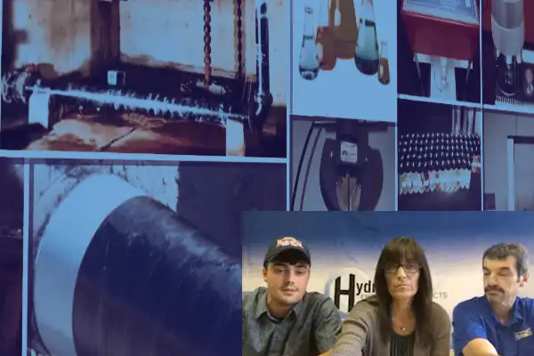 Three people on a webcam in front of multiple images of HydraWrap