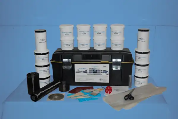 Many containers of epoxy and other components of HydraWrap