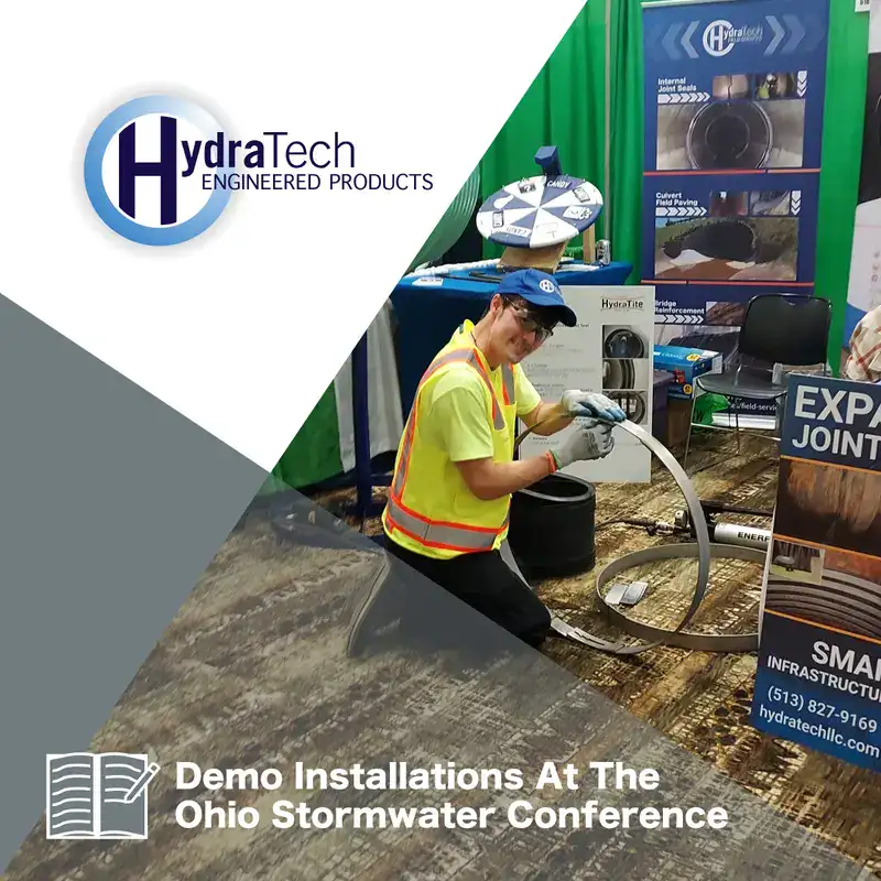 Caleb constructing a retaining band for the HydraTite seal, 'Demo Installation At The Ohio Stormwater Conference'