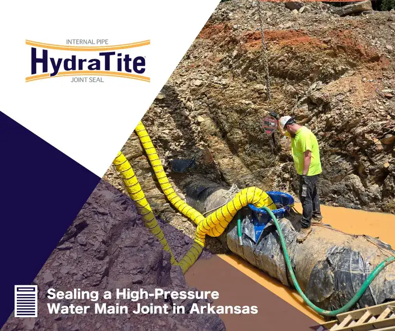 A winch connected to an excavator to lower a technician into a pipe, 'Sealing a High-Pressure Water Main Joint in Arkansas'