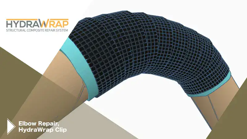 Elbow Repair Video Teaser For Twitter A 3d rendering of a pipe elbow that is wrapped in carbon fiber fabric, 'Elbow Repair, HydraWrap Clip'