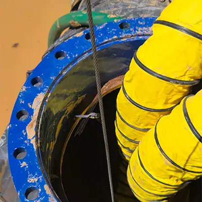 Two technicians installing HydraTite in a round pipe
