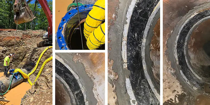 Four images of HydraTite installed in a round pipe