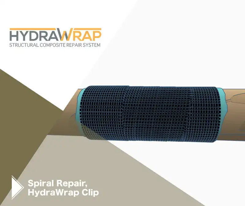 A 3d rendering of a pipe repaired with a carbon fiber wrap, 'Spiral Repair, HydraWrap Clip'