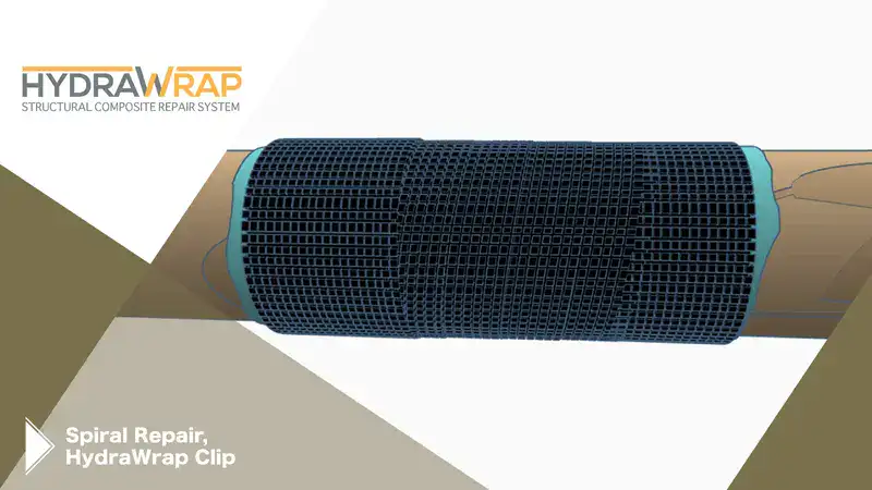 A 3d rendering of a pipe repaired with a carbon fiber wrap, 'Spiral Repair, HydraWrap Clip'