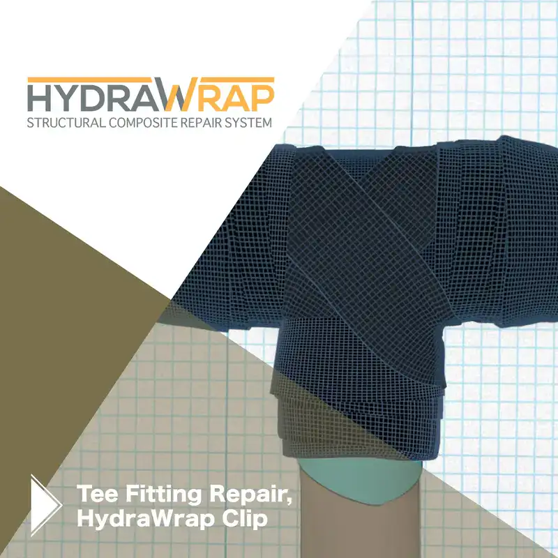 A 3d rendering of a tee fitting that has been wrapped in carbon fiber, 'Tee Fitting Repair, HydraWrap Clip'