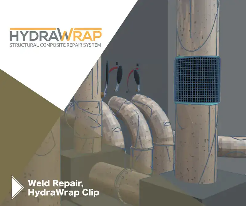 A 3d rendering of a HydraWrap weld repair on two pipes, 'Weld Repair, HydraWrap Clip'