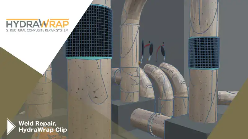 A 3d rendering of a HydraWrap weld repair on two pipes, 'Weld Repair, HydraWrap Clip'