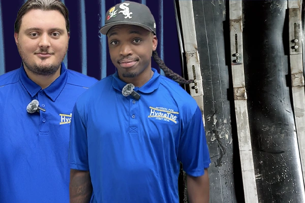Two Technicians standing in front of a HydraTite seal installed in a corrugated pipe