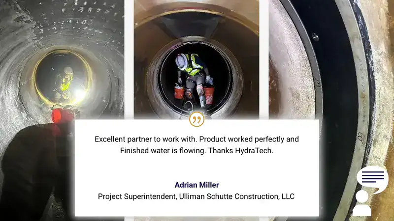 Images showing before and after HydraTite is installed over the joints of a pipe, overlayed with a testimonial from Adrian Miller