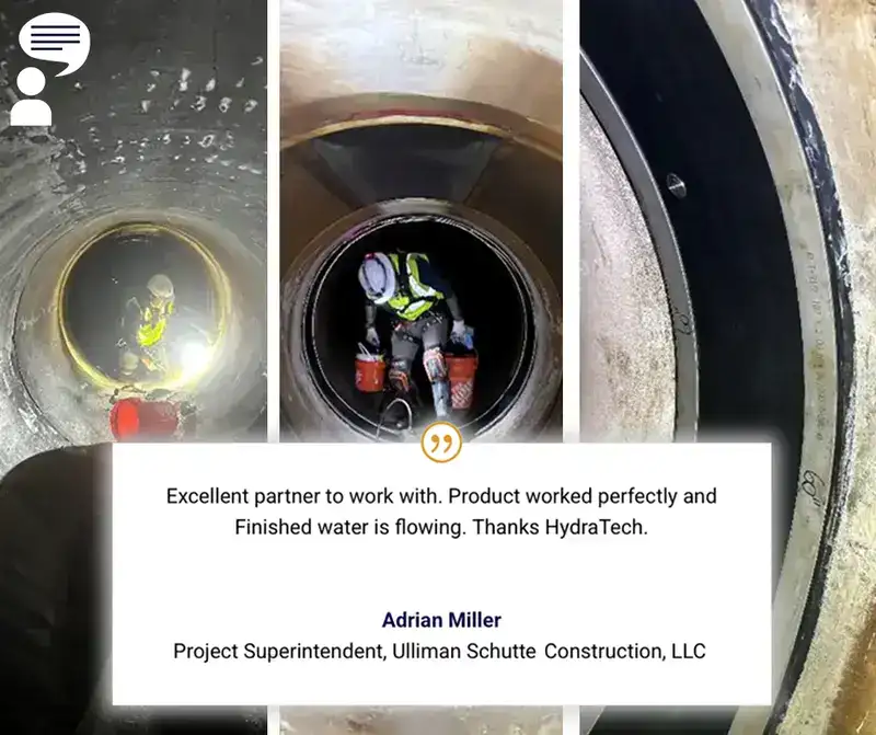 Images showing before and after HydraTite is installed over the joints of a pipe, overlayed with a testimonial from Adrian Miller