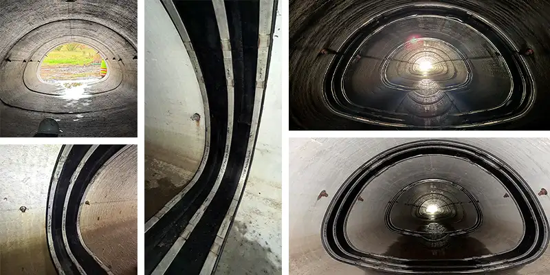 Five images of an irregularly-shaped pipe being repaired with HydraTite