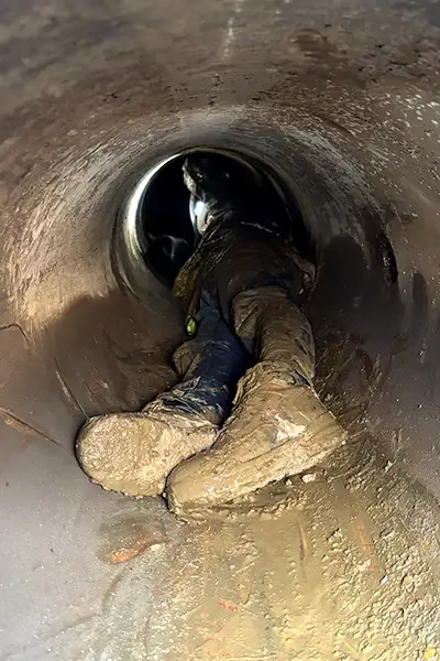 A technician in a small-diameter pipe installing HydraTite, the internal pipe joint seal, over a joint to fortify it against leaks