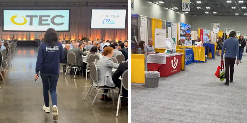 Compilation image of OTEC Two images, one of Jennifer walking through a large dining area, a row of trade show booths