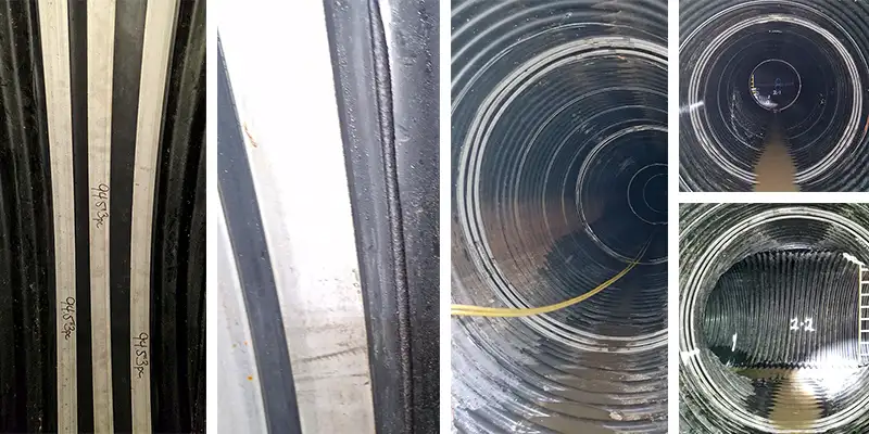 Several images showing a HydraTite installation in a corrugated pipe