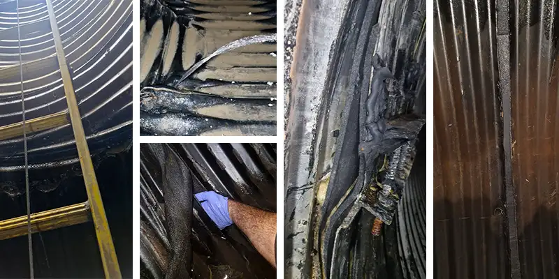 Several images demonstrating that a corrugated pipe had several points of concern, some of which were leaking