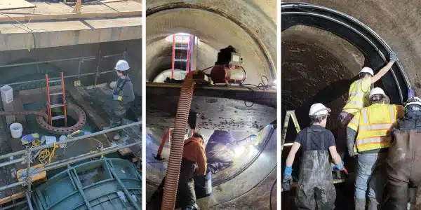 Images of a large-diameter pipe seal installation