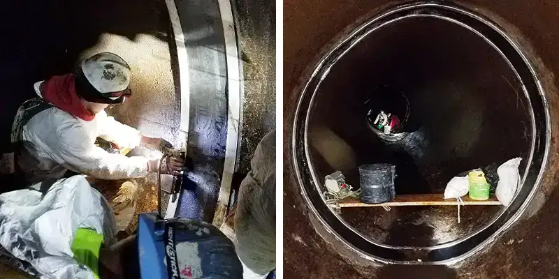 Several images of technicians installing HydraTite in a large diameter pipe