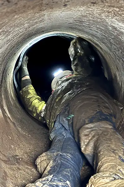A technician deep in a tight pipe