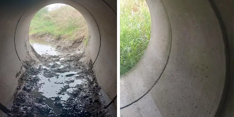 Two images of inside a stormwater culvert