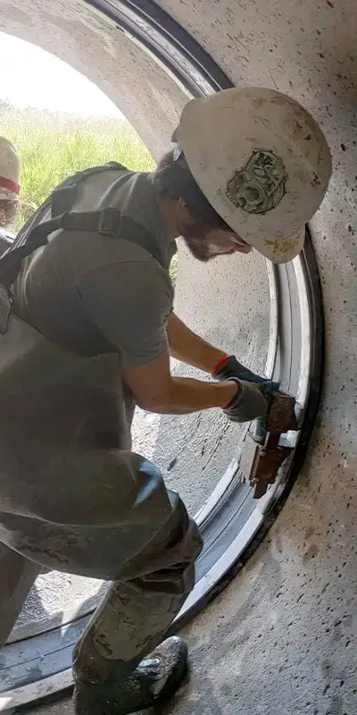 A technician using a hydraulic expander to install a HydraTite seal over a joint inside a stormwater culvert