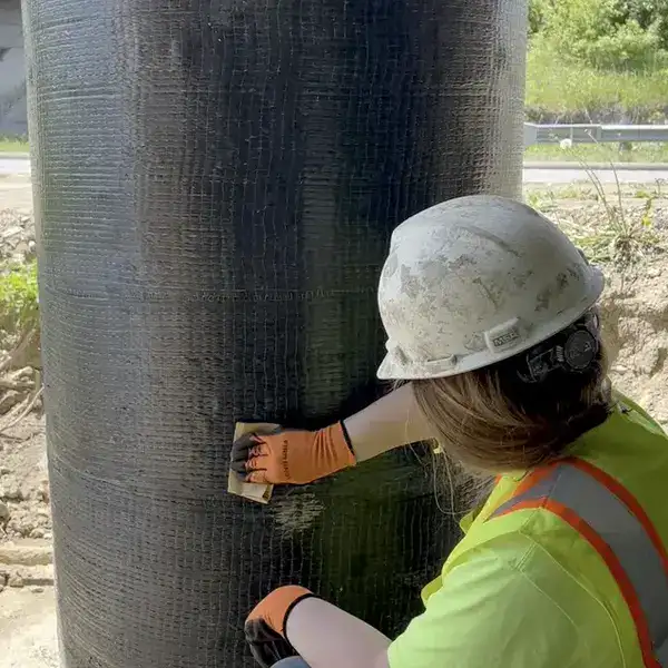 A field technician working on a column wrapped in fiber wrap