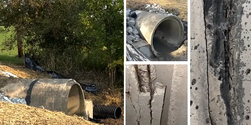 Several images of a stormwater culvert that has deteriorated at the joint