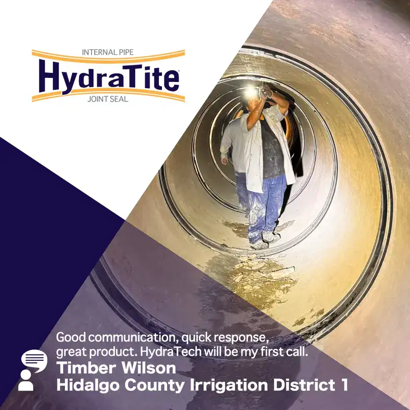 A technician installing HydraTite in a circular pipe to repair a joint1 Two people inside a pipe inspecting a pipe joint sealed with HydraTite, 'Restoring Structural Integrity After Seismic Damage'