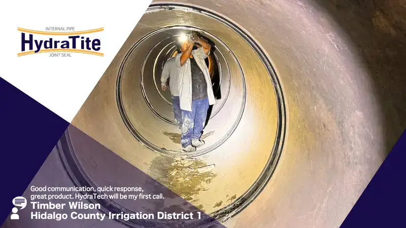 A technician installing HydraTite over a joint in a circular pipe with a testimonial overlay
