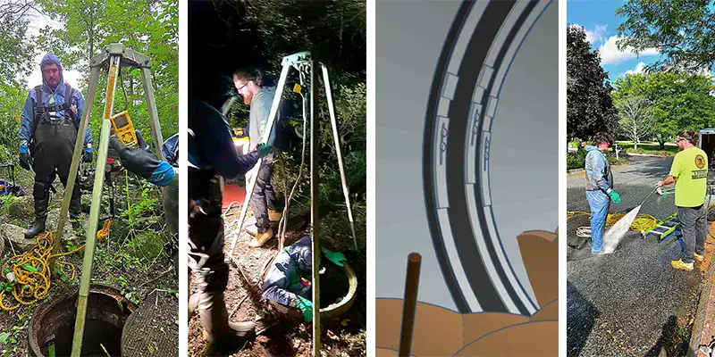 Technicians repairing a waste water pipe with an active leak. The HydraTite seal was installed with three retaining bands