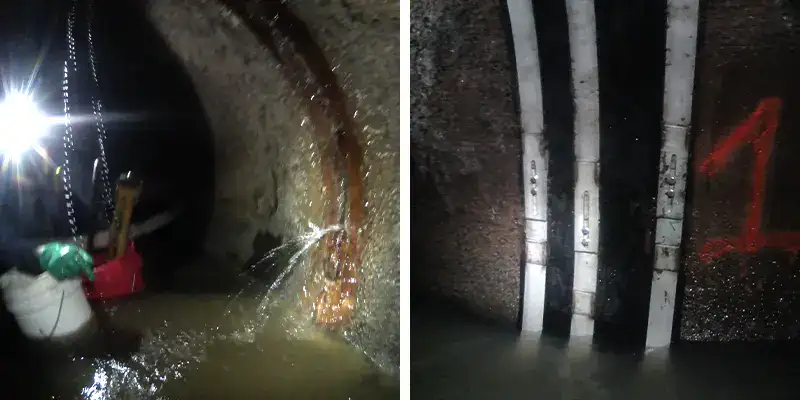 A waste water pipe with an active leak being repaired with HydraTite seal