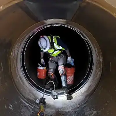 Technician climbing through a pipe