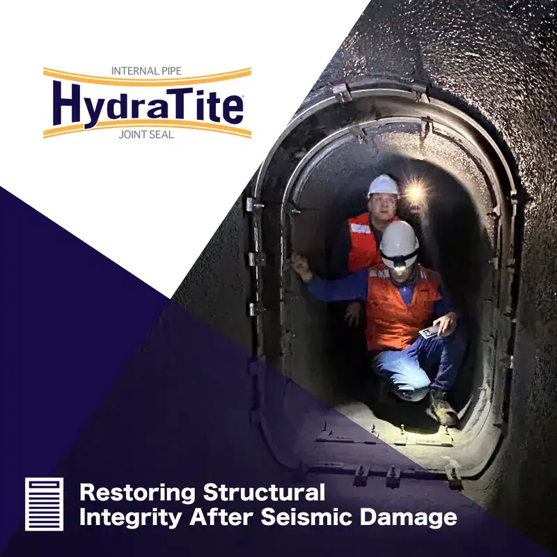 HydraTite In An Arched Tunnel Aqueduct Two people inside a pipe inspecting a pipe joint sealed with HydraTite, 'Restoring Structural Integrity After Seismic Damage'