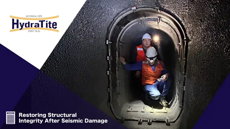 Two people inside a pipe inspecting a pipe joint sealed with HydraTite, 'Restoring Structural Integrity After Seismic Damage'