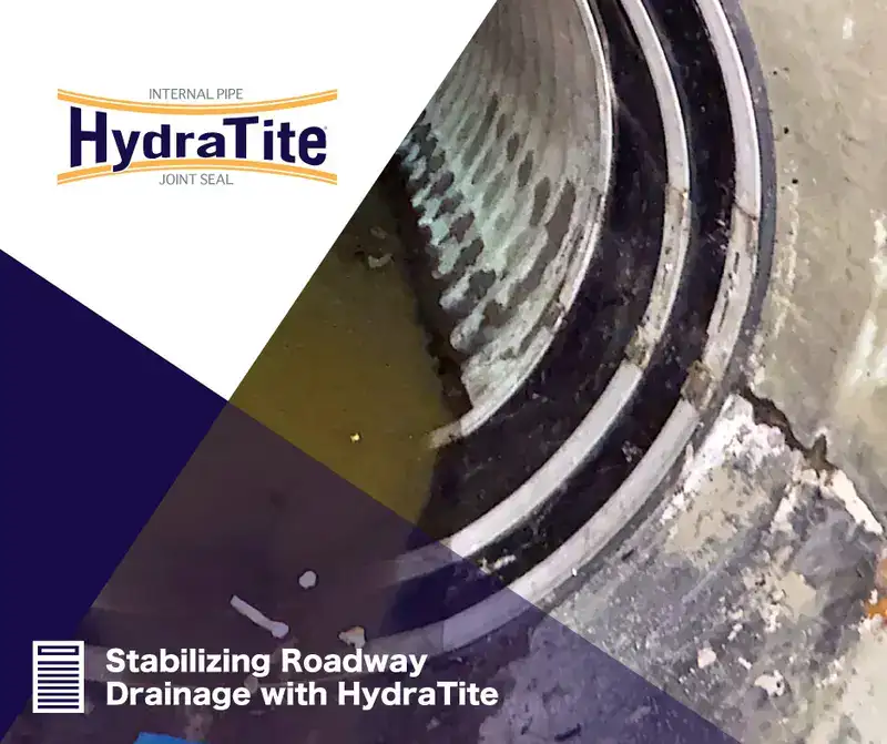 HydraTite Protecting the Road Above1 HydraTite installed over a joint with three retaining bands, 'Stabilizing Roadway Drainage with HydraTite'