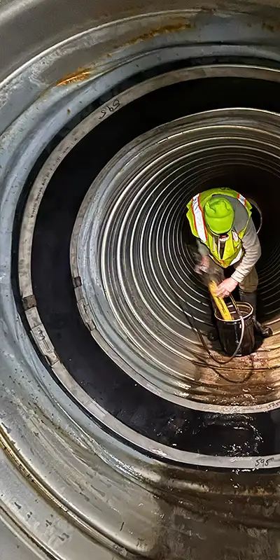 A technician inside a pipe working near a newly installed HydraTite seal