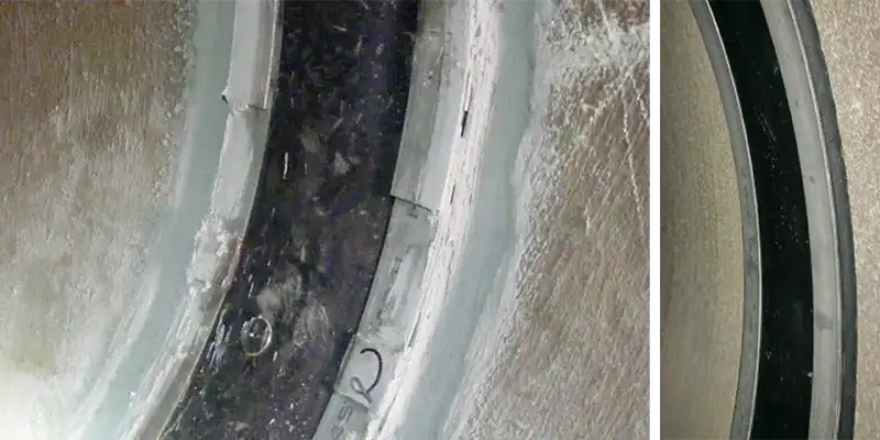 Images of a  HydraTite seal installed over a joint in a pipe with concrete rounding out the lip of the seal