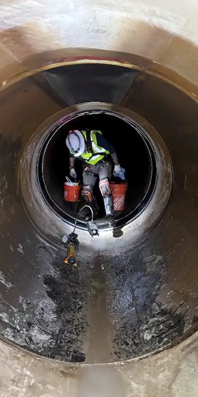 Technician inside a pipe preparing to repair a joint