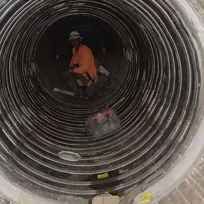 A technician sitting in a pipe that has been sealed with many interlocked HydraTite seals