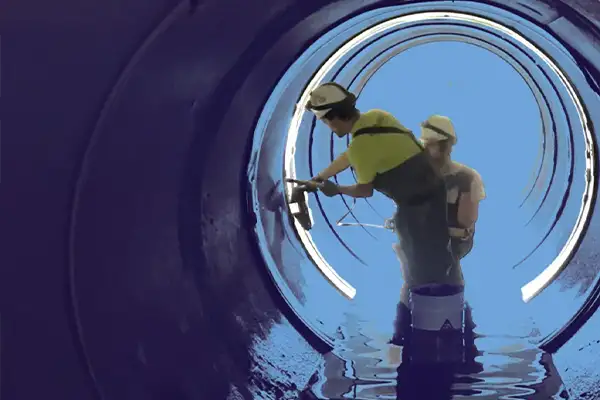 two technicians installing HydraTite in a stormwater culvert