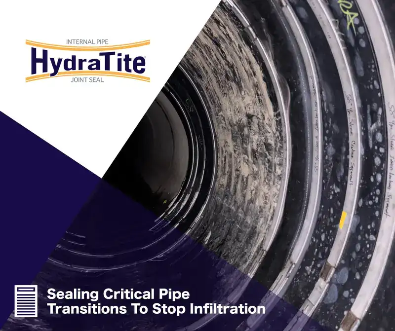 Multiple HydraTite seals installed over transition joints inside a pipe, ''Sealing Critical Pipe Transition to Stop Infiltration"
