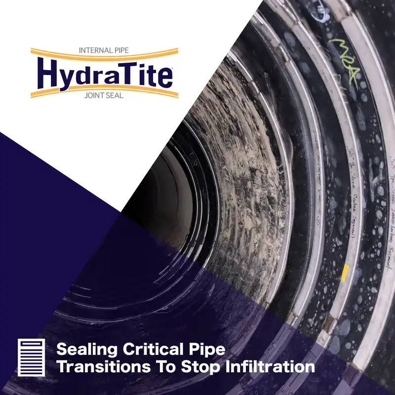 Pipe Transition Sealed With HydraTite Sleeves2 Multiple HydraTite seals installed over transition joints inside a pipe, ''Sealing Critical Pipe Transition to Stop Infiltration"