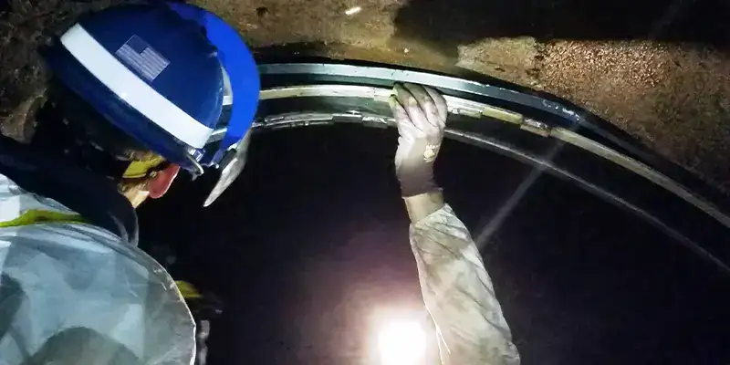 Several technicians installing HydraTite in a large diameter pipe