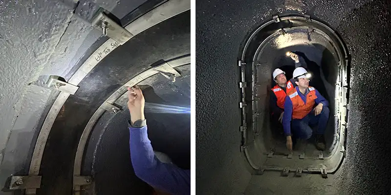 A couple images of a HydraTite seal installed inside an arched tunnel aqueduct inside a bridge